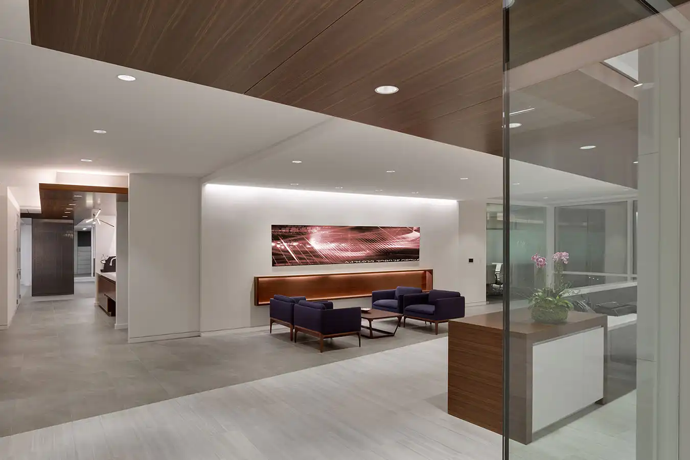 Childress Klein lobby with seating, offices, and glass walling