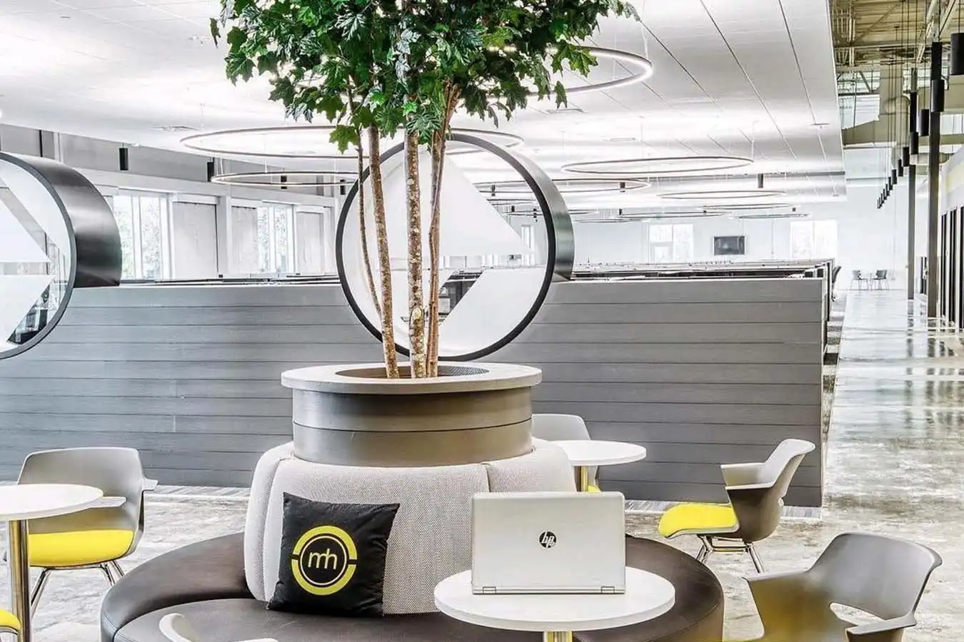 Circular seating around a tree in a building with a laptop on a table
